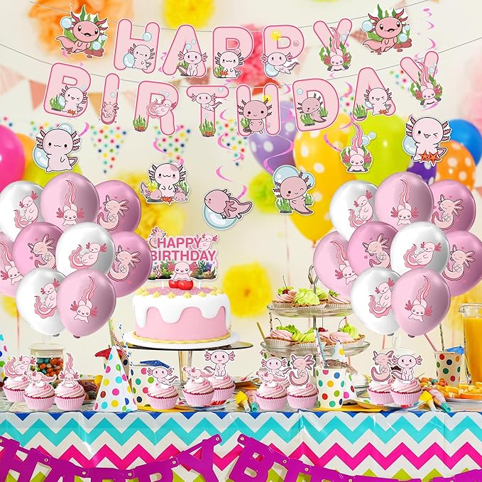 39 Pcs Axolotl Party Decorations, Include Pink Cute Cartoon Animals Happy Birthday Banners, Spiral Ornaments, Cupcaketoppers, Pink Axolotl Balloons for Birthday Party Supplies