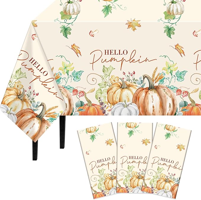 3 Pcs Fall Pumpkin Tablecloths, 54 * 108 Inch Thanksgiving Table Cover, Watercolor Pumpkin Maple Leaf Plastic Tablecloths for Fall Party, Thanksgiving Decorations