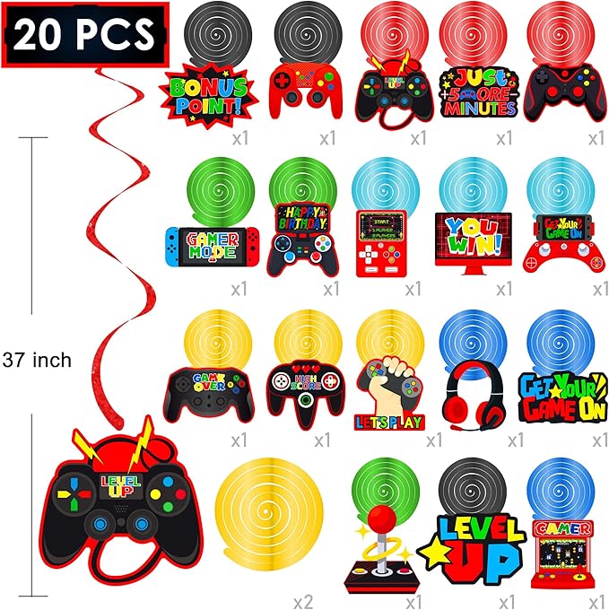 umoni Video Game Birthday Hanging Swirls Red Video Game Party Decorations 20Pcs On Ceiling Streamers Gaming Birthday Party Hanging Decorations or Level Up Baby Shower Supplies
