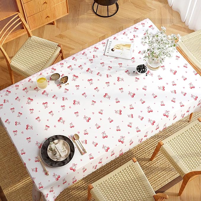 Pink Cherry Tablecloth for Kids, 54×108 Inch Cute Plastic Table Cover with Sweet Cherry Pattern, Disposable Table Decoration for Girls Birthday Party or Picnic, Rectangle Waterproof Tables Cloth