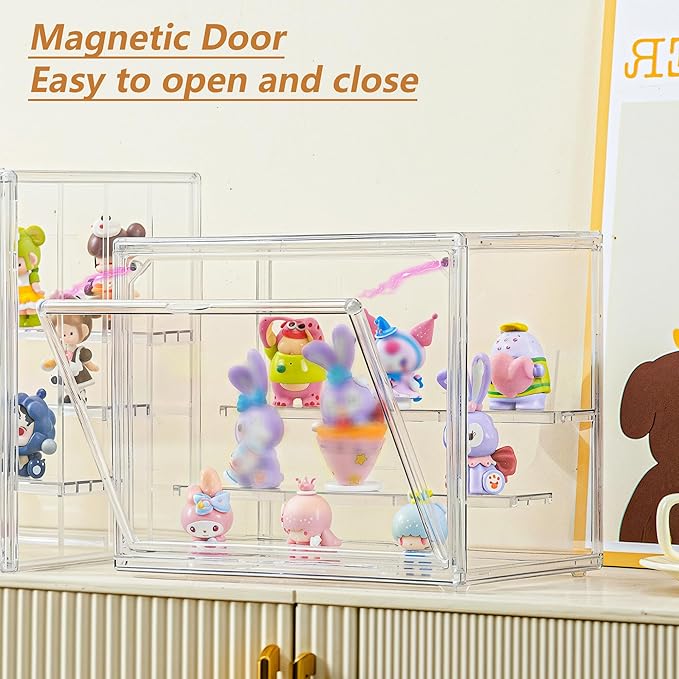 Small Acrylic Display Case for Collectibles 3 Layer Adjustable Display Case with Magnetic Door Clear Stackable Display Box for Mini Figures, 4 Pack