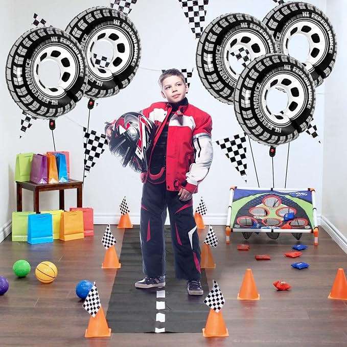 6 Pcs Large Wheel Balloons, 30 Inch Foil Tire Balloons Race Car Wheel Balloon, Race Car Party Decorations for Birthday Party Racing Theme Party Supplies