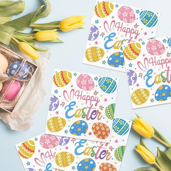 Easter Egg Design Paper Napkins - 50 Pcs Disposable Decorative Napkins for Easter Party Supplies, Spring Tableware
