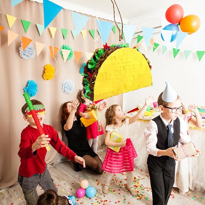 Hooqict Taco Pinata Set Mexican Birthday Party Pinata with Stick & Blindfold for Kids Adults Cinco de Mayo Taco Decorations Mexican Party Games Fiesta Themed Birthday Party Supplies