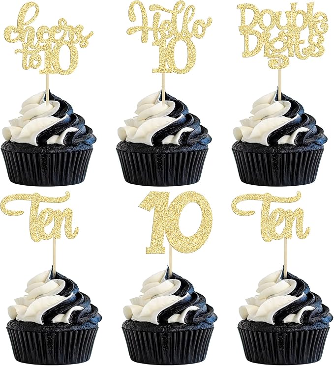30Pcs 10th Birthday Cupcake Toppers Ten Double Hello 10 Cupcake Picks Cheers to 10 Years Old Cake Decorations for 10th Birthday Party Supplies Gold Glitter