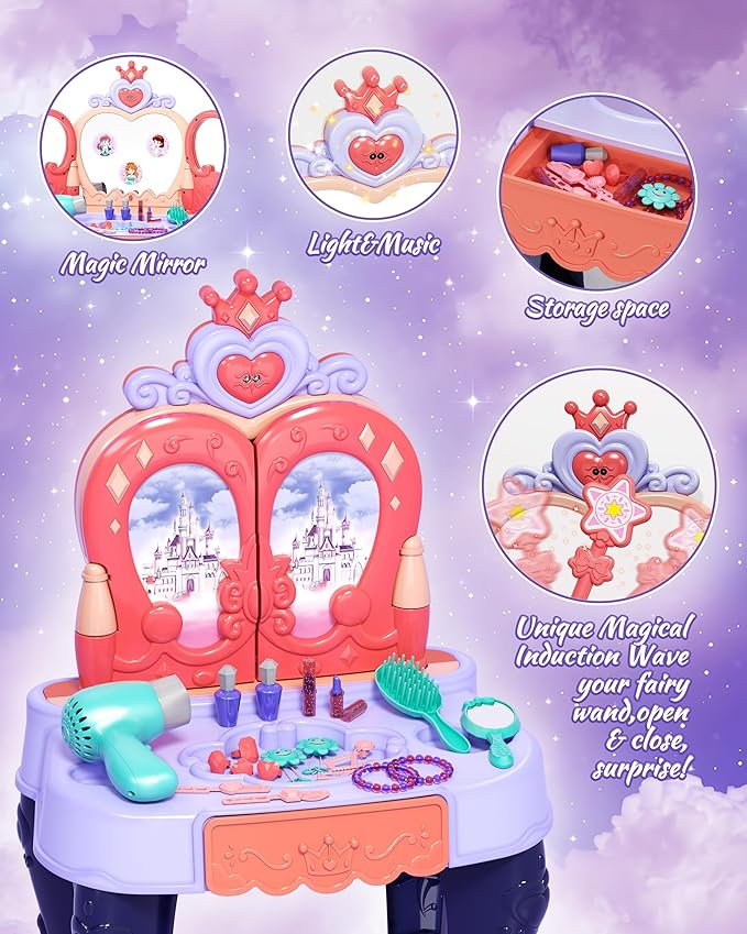 Magic Sensor Toddler Vanity Set with Automatic Opening Mirror, Kids Makeup Table with Induction Light & Music, Real Sound Hair Dryer, Fairy Wand & Accessories, Toy for Girls Age 3 4 5