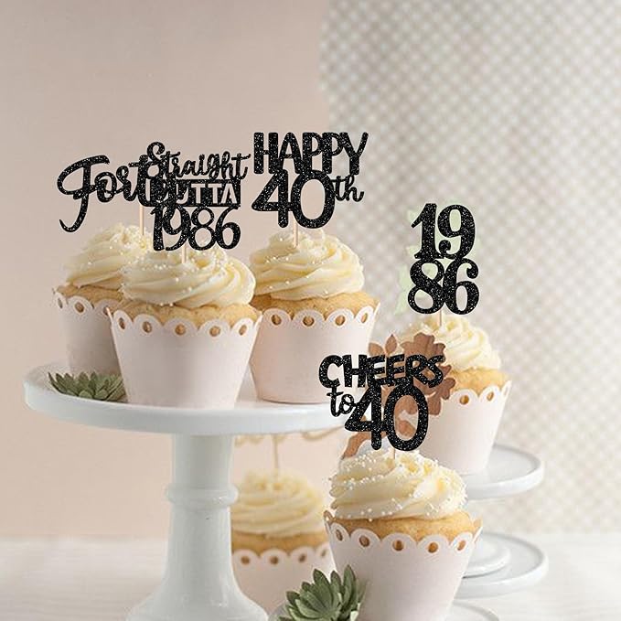 30PCS Black 40th Birthday Cupcake Toppers Glitter Forty Happy 40th Straight Outta 1986 Cupcake Picks for Cheers to 40 Years 40th Birthday Wedding Anniversary Party Decorations Supplies