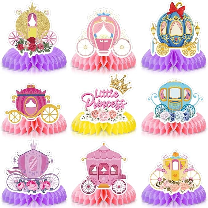9 Pcs Princess Carriage Party Honeycomb Centerpieces 3D Cardboard Floral Princess Table Centerpieces Carriage Birthday Party Decorations Table Topper for Girls Birthday Baby Shower Party Supplies