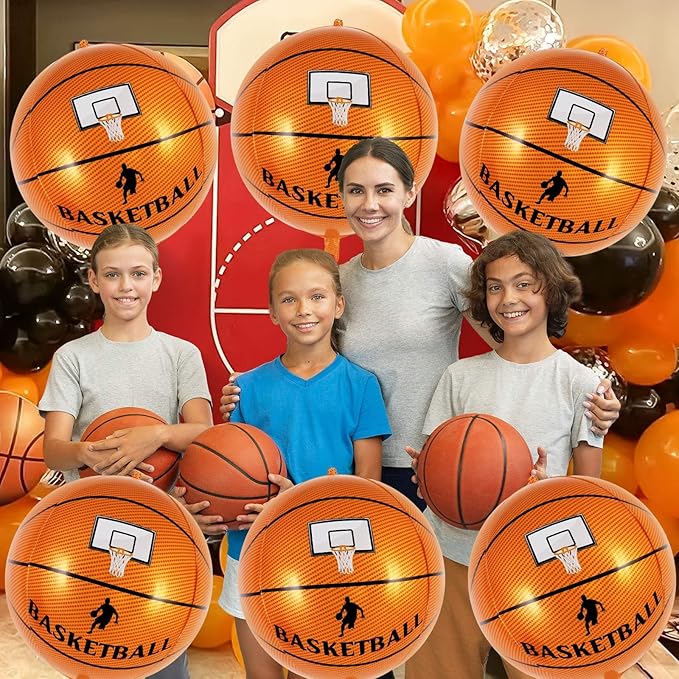 6 Pcs Basketball Balloons, 22 Inch Foil Mylar Basketball Balloon Large Round Sphere Balloons for Basketballs Sports Themed Birthday Party Decorations Supplies