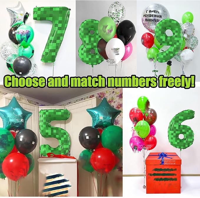 40 Inch Green Pixel Miner Theme Number Balloons Large Birthday Party Number Balloons Mining Gaming for Kids Birthday Party Decoration Supplies (Number 3)