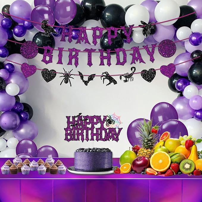 Purple and Black Birthday Decorations, Halloween Birthday Party Decorations Gothic Decor, Black Purple Glitter Spooky Photo Booth Prop Backdrop for Girls, Gothic Inspired Party Supplies Set Include Banner, Cake Toppers, Tablecloth 54" x 108"