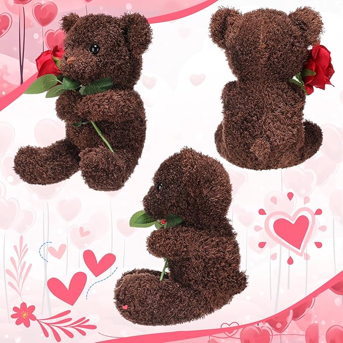 Civaner Bear Stuffed Animal Gift with Rose Funny Cute Bear Stuffed Animal Plush Gift for Mother Day Mom Birthday Wedding Christmas, 11.8 Inches(Brown)