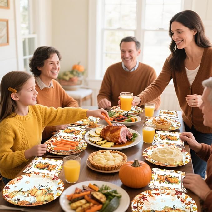 180 Pcs Fall Paper Plates and Napkins,Thanksgiving and Pumpkin Plates Disposable Dinnerware Set for Autumn Thanksgiving Party Supplies,Serve 60 Guests