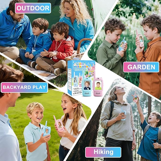 Kids Video Walkie Talkies 2 Pack, Rechargeable with HD Screen & 4 Voice Changers, Long Range Two-Way Radios Toys for Indoor-Outdoor Camping, Gifts for Boys Girls Ages 3-8 (Blue/Pink)