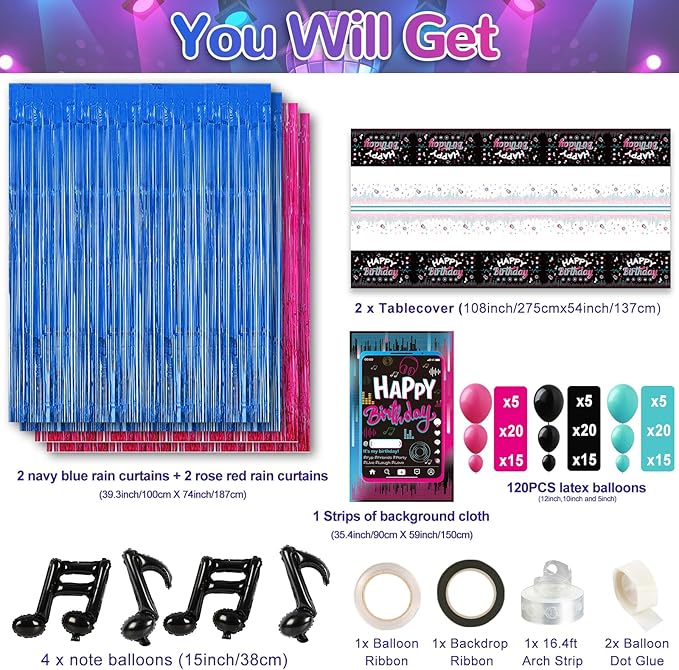OurWarm Tik Tok Birthday Party Decorations, 135Pcs Happy Birthday Decorations, Includes Banner, Fringe Backdrop, Balloons Arch, Tablecloth for Party Supplies