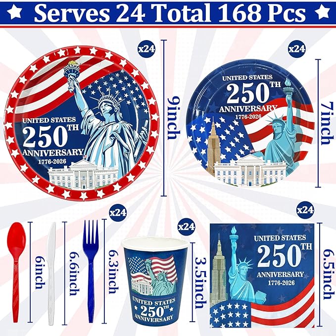 168PCS 4th of July Decorations 250th Anniversary Patriotic Party Supplies American Flag Tableware Set Plates Napkins Cups Knives Forks Spoon Red White Blue Decor for Memorial Independence Day Serve 24