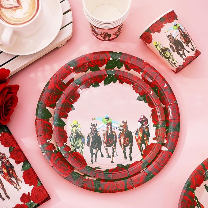 Whaline 96Pcs Derby Day Party Tableware Set with Paper Plates Napkins Cups Horsing Racing Derby Party Disposable Dinnerware Set for Horse Race Party Table Decor
