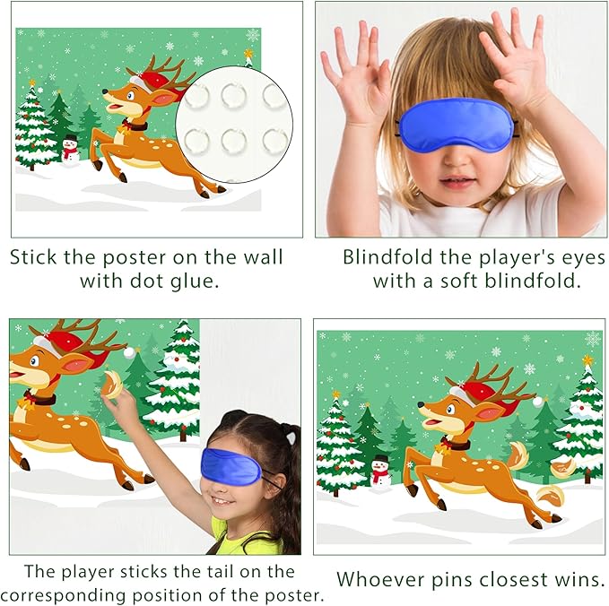 Morcheiong Pin The Tail on The Deer Christmas Game with 36 Tails, Christmas Party Favors Activities Supplies Decorations for Kids