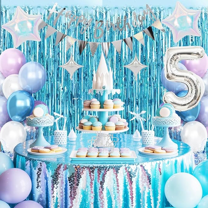 5th Snow Birthday Decorations for Girl, Blue Purple Balloons with Happy Birthday Banner Curtain Silver Number 5 Balloon Iridescent Star Foil Balloons for Girls Baby Shower Birthday Party Supplies
