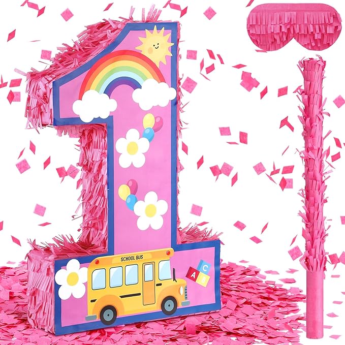Number 1 Piñata Cartoon English Teacher 1st Birthday Piñata Party Decoration Pink Animation Themed Decor with Stick Blindfold Mask Confetti for Birthday Baby Shower Celebration Supply