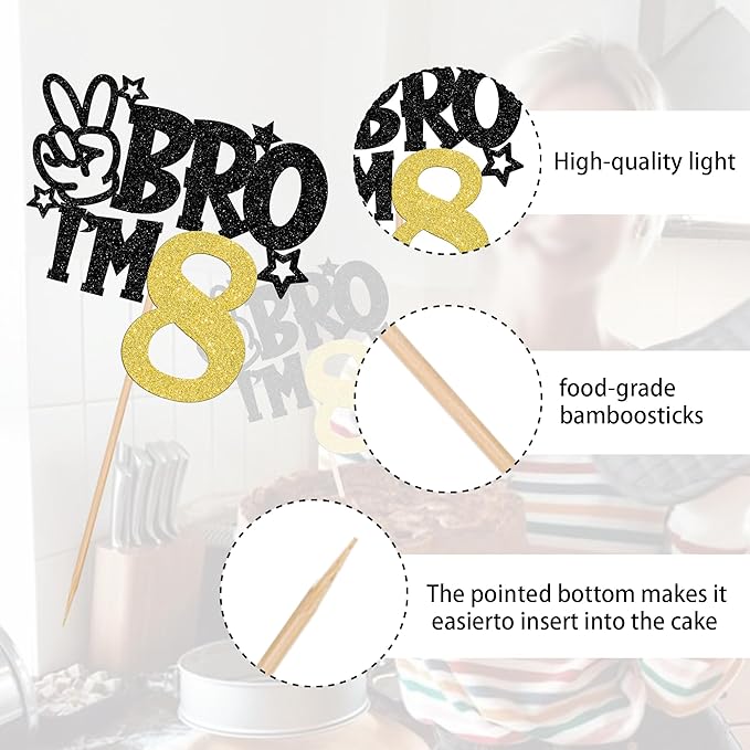 1 PCS Brother I'm 8 Cake Topper Glitter Star Happy 8th Birthday Cake Pick Bro I'm 8 Cake Decoration It's My 8th Birthday Decorations for Boys Cheers to 8 Years Old Birthday Party Supplies Gold