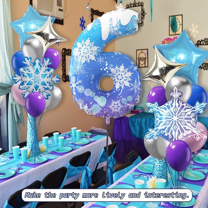 40 Inch Frozen Balloons number 6 Birthday Balloon,2 Giant snowflake foil balloons, 2 blue and silver star foil balloons Frozen Theme Party Supplies Winter Party Decoration For Girl's Birthday