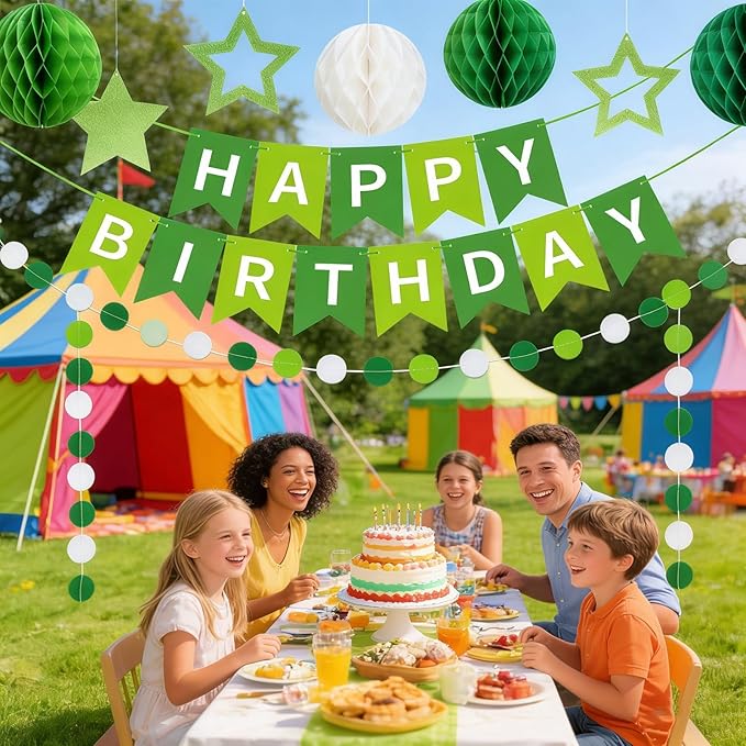 Birthday Banner Decorations with Honeycomb Balls, Stars, Circle Dots Garland Swirl Streamer Happy Birthday Party Decorations Supplies for Party(Green)