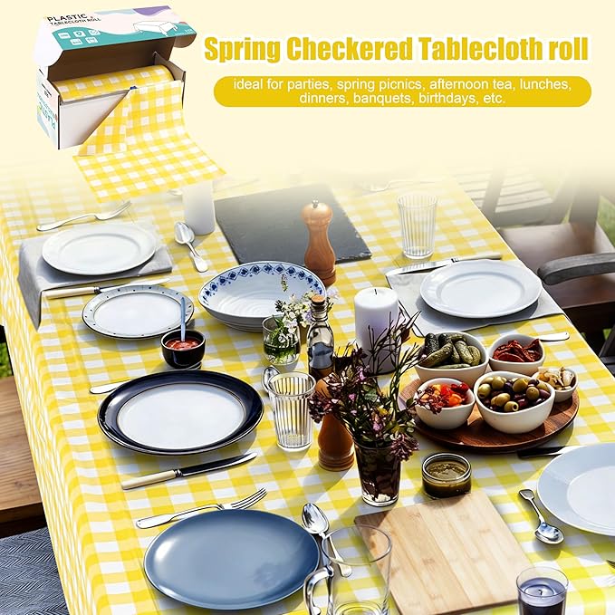 Kochorie 54 Inch x 300 Ft Light Yellow Checkered Plastic Table Cloth Roll Disposable Waterproof Table Cover Plastic Table Cover Roll with Easy Slide Cutter for Outdoor Picnic/Home Dining/Spring Party