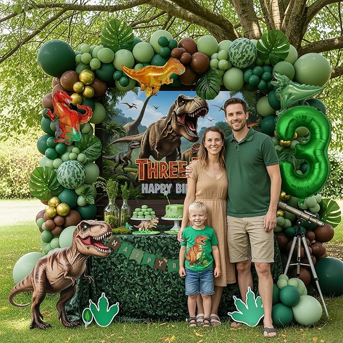 T-Rex Dinosaur Birthday Decorations include Hunter Green Brown Gold balloon arch & small Dino Foil balloons & banner backdrop & footprint stickers for Kids Boys Jungle Safari Dino 3rd Party Supplies