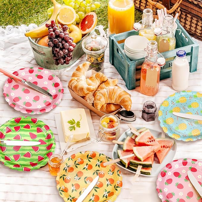 60 Pcs Fruit Paper Plates Tutti Frutti Birthday Party Supplies 7 Inch Disposable Fruit Dessert Plates Summer Dinner Plates Strawberry Pineapple Plates for Wedding Baby Shower Birthday Party