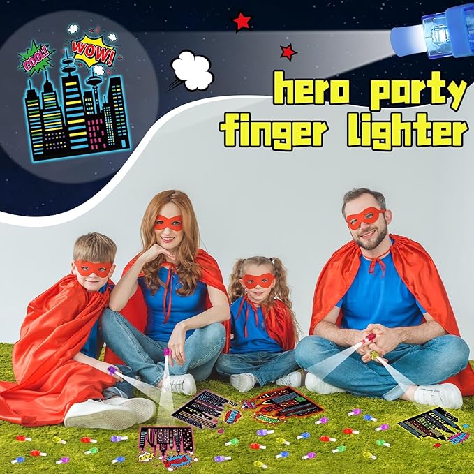 36Pcs Super Theme Hero LED Finger Lights Hero Party Favors Glow in the Dark Light Up Finger Lights City Themed Toys Bulk for Super Birthday Party Goodie Bag Stuffer Birthday Gifts Classroom Prize