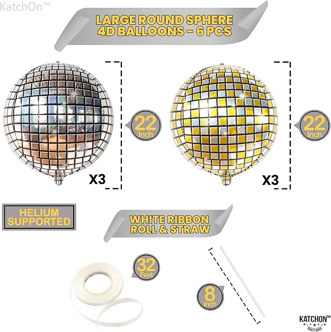 KatchOn, Silver and Gold Disco Ball Balloons -22 Inch, Pack of 6 | 4D Sphere Balloons for Disco Party Decorations | 70s Party Disco Ball decoration | Birthday Party, Graduation Decorations 2026