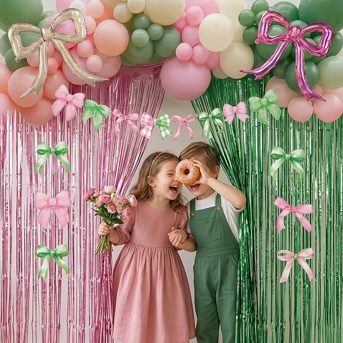 Spring Pink and Green Party Decorations with Bow foil Balloons & Tinsel Foil Fringe Curtains cute Bow Banner for girl baby in bloom baby shower woodland Safari wild one theme party decorations