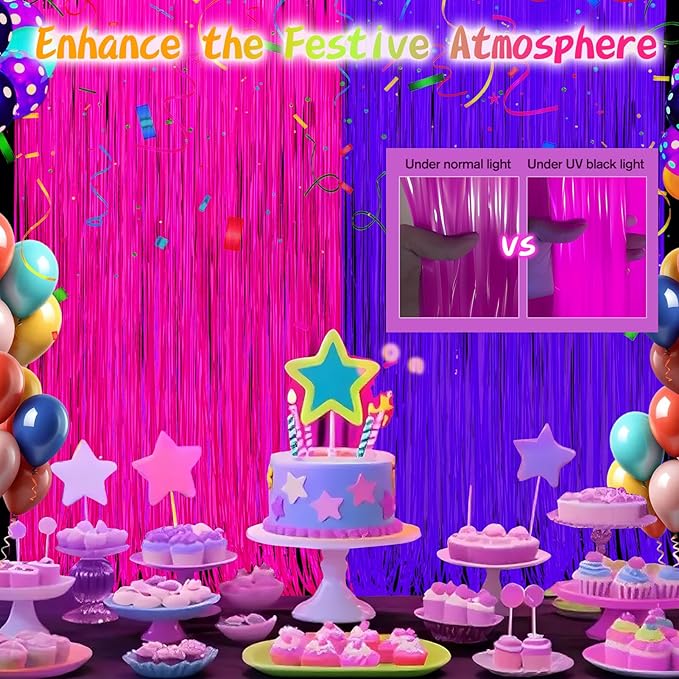 Glow in The Dark Party Supplies 2 Pack Neon Party Decorations Fluorescent Tinsel Foil Fringe Curtains Photo Booth Prop Backdrop Streamer Blacklight Decorations (Neon Hot Pink+Neon Purple)