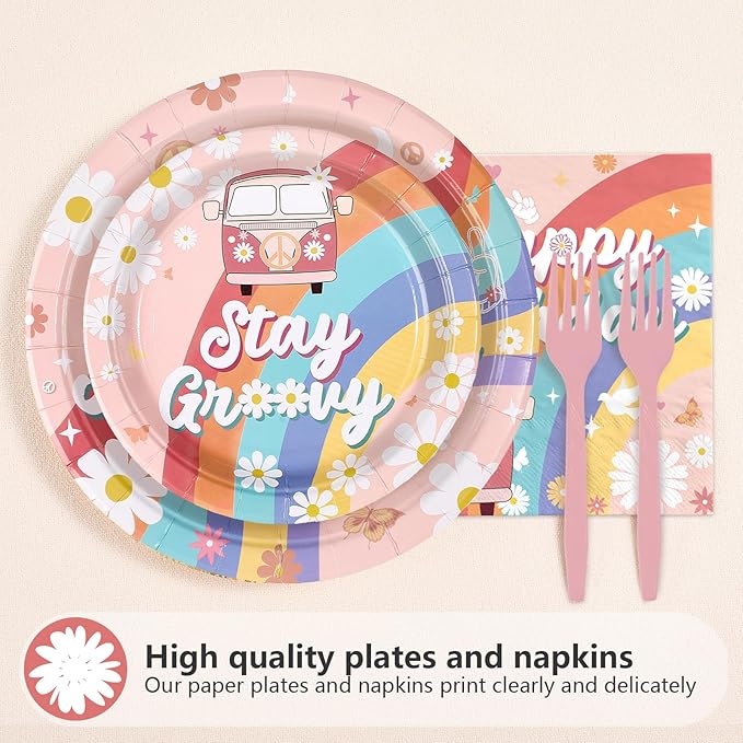 96Pcs Groovy Birthday Party Decorations Boho Groovy Birthday Plates and Napkins Tableware Set Daisy Hippie Rainbow Boho Themed Decorations for Baby Shower Gender Reveal Party Decor Supplies Serves 24