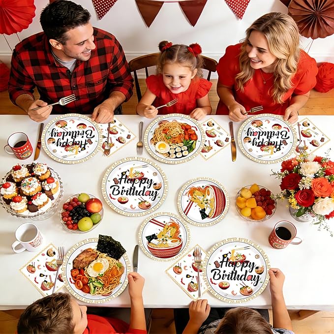 96Pcs Ramen Noodles Birthday Decorations Ramen Party Plates and Napkins Japanese Food Noodle Theme Tableware Set for Boys Girls Men Women Happy Birthday Party Supplies Serves 24