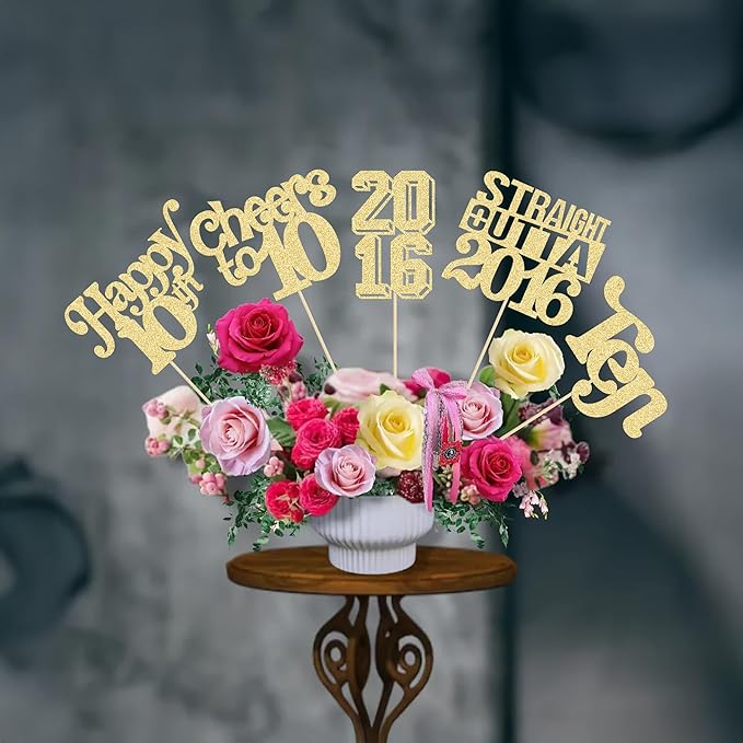 Gyufise 15Pcs Happy 10th Birthday Centerpiece Sticks Ten Straight Outta 2016 Table Flower Centerpieces Sticks Cheers to 10 Decorations for 10th Birthday Party Supplies Gold
