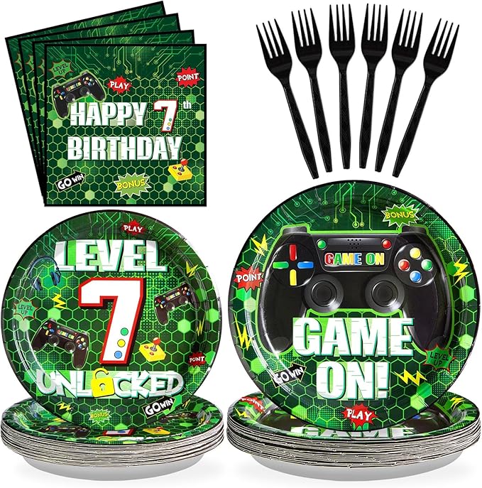 Grencian 96Pcs 7th Birthday Party Decorations Green Video Game Paper Plates Disposable 7th Birthday Paper Tableware Set for Boys 7 Year Old Video Gamer Birth-day Gaming Party, Serves 24