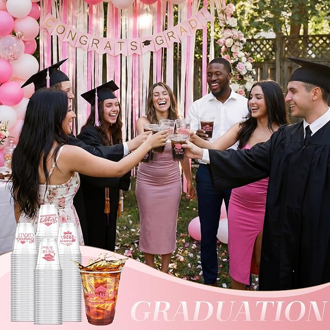 Eaasty 100 Pcs 12oz Graduation Cups 2026 Disposable Plastic Cups for Class of 2026 Graduation Party Congrats Grad Elegant Party Supplies Tableware Decorations (Pink)