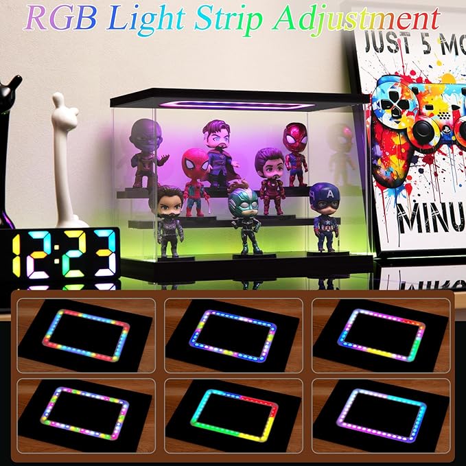 Clear Acrylic Display Case with Light , 5 Tier Multiple Color Lights Display Box Stand Assembly Dustproof Protection Showcase for Collectibles Action Figures (Black 12.6×12.2×11.8in)