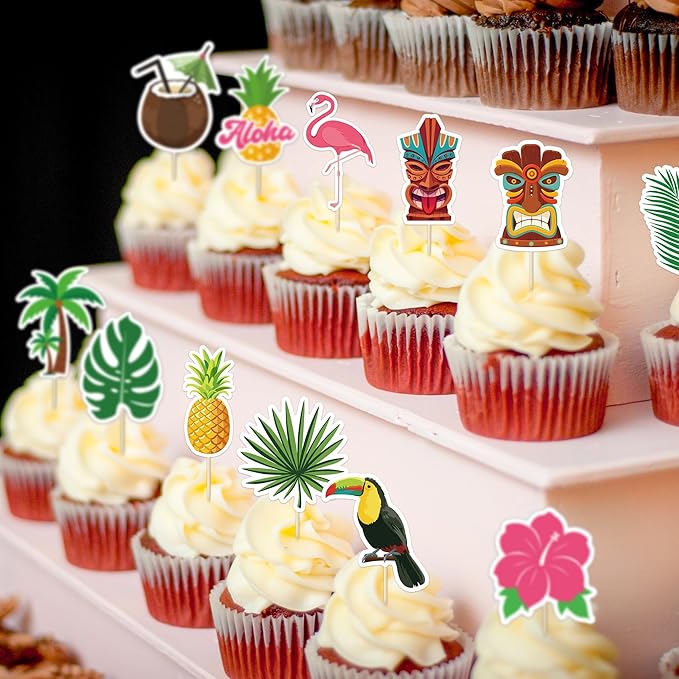 24 Pcs Hawaiian Cupcake Toppers, Disposable Pineapple Flower Palm Tree Flamingo Cake Picks, Aloha Cake Decorations for Summer Hawaiian Luau Theme Birthday, Wedding Party Supplies