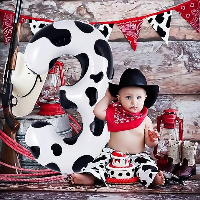 Cow Print Number 3 Balloon, Large 40 Inch Cow Number Birthday Balloons, Foil Mylar Number 3 Balloons for 3 Year Old Birthday Party Decorations Supplies Animal Farm Cowboy Cowgirl Themed Party