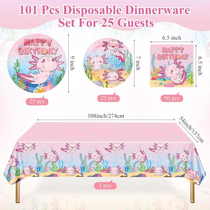Zhehao 101 Pcs Axolotl Birthday Party Decorations Set for Girls, Pink Axolotl Reptile Animals Theme Party Supplies Includes 50 Paper Plates 50 Napkins 1 Tablecloth for Birthday Baby Shower
