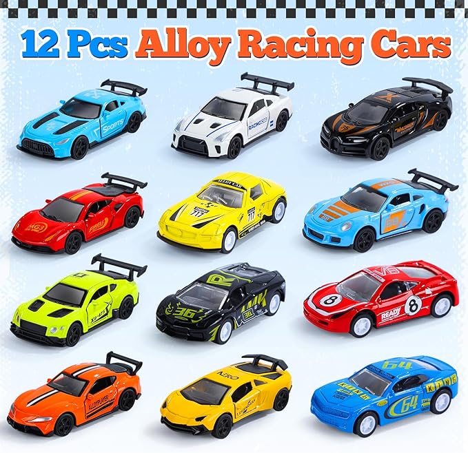 CUTE STONE 12 Pack Filled Easter Eggs with Alloy Racing Car Toy, Prefilled Easter Basket Stuffers Party Favors for Kids, Boys and Girls