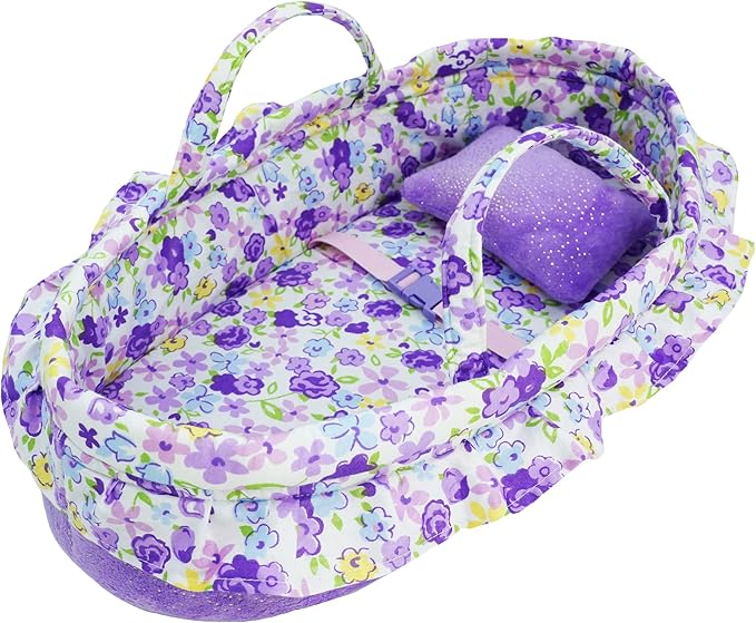 June Garden Cozy Dream Doll Bassinet - Baby Doll Portable Carrier - Fits for American Girl Dolls up to 18" - Soft Pillow & Safety Buckle Included - Purple