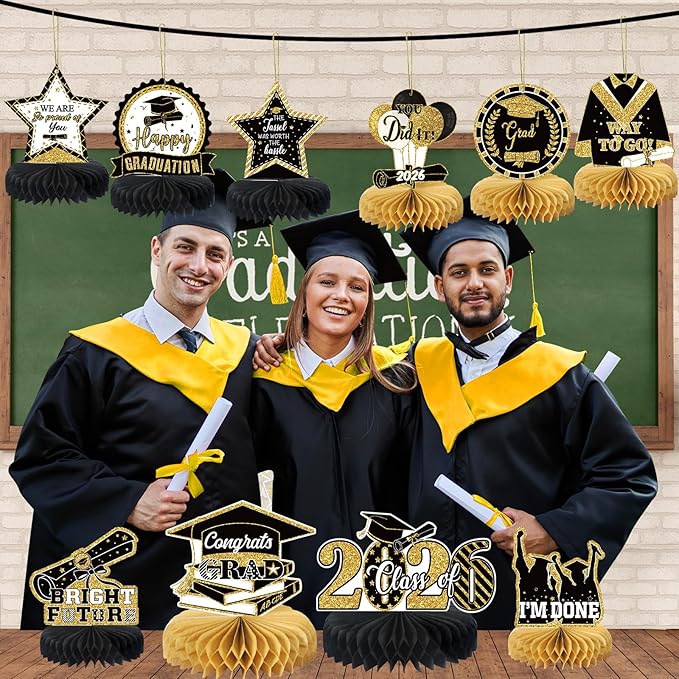 10PCS Graduation Party Decorations Class of 2026 Congrats Grad Table Centerpieces Congratulate Graduation Honeycomb Table Toppers for Graduation Party Supplies(Black Gold)