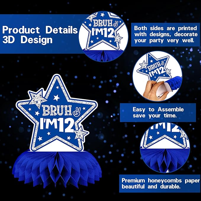 DARUNAXY 12th Birthday Party Decorations for Boys Girls, Blue Bruh I’m 12 Banner, 12 Number Balloons & Cake Topper, Sweet 12 Years Old Birthday Honeycomb Hanging Swirls Party Supplies