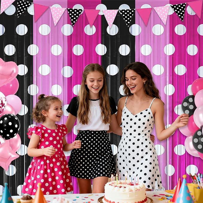 Pink Black Foil Fringe Curtains Birthday Decorations, 4 Pack 3.2x6.6ft Mouse Color Tinsel Streamers Backdrop Baby Shower Cartoon Mouse Birthday Party Decorations Supplies