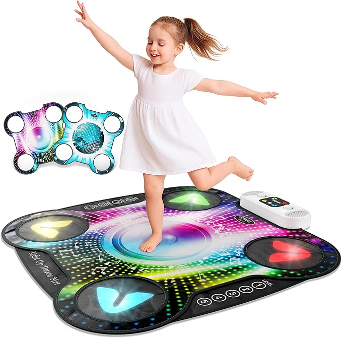 Kidzlane Light Up DJ Dance Mat for Kids - Bluetooth & AUX Compatible - 3 Fun Arcade Games - Adjustable Volume - Detachable Top Mats with Discoball & Speaker Motives - Durable Plastic - Multi-Color