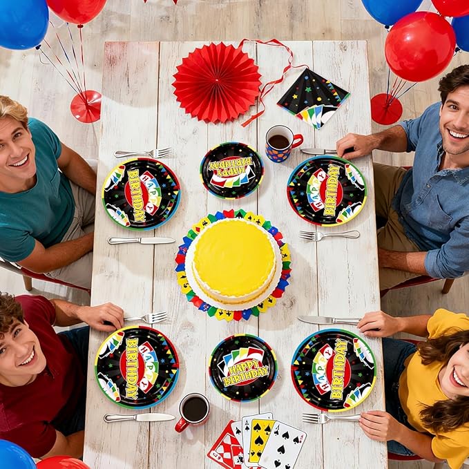 200Pcs Card Game Birthday Party Supplies Colorful Play Card Party Plates and Napkins Disposable Game Night Tableware Set for Adults Boys Cards Games Themed 1st Birthday Supplies, Serves 50